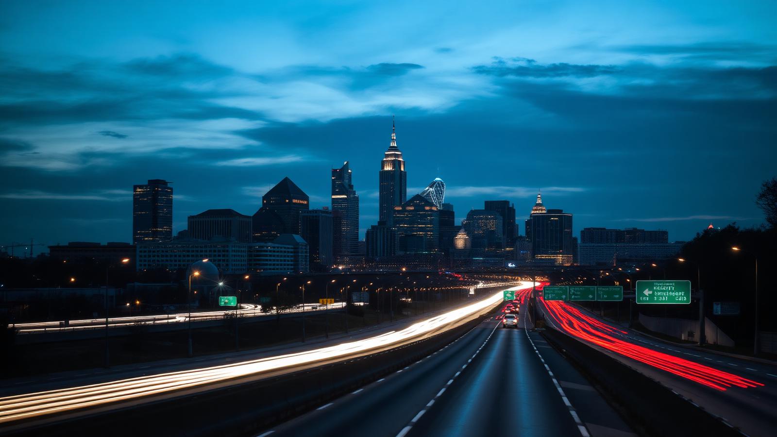Kansas City skyline at dusk with highway traffic